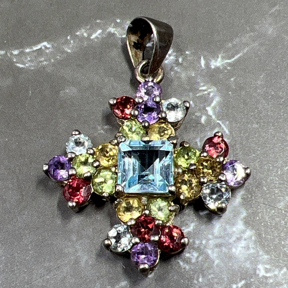 Vintage GSJ 925 Sterling Multicolor Gemstone Pendant